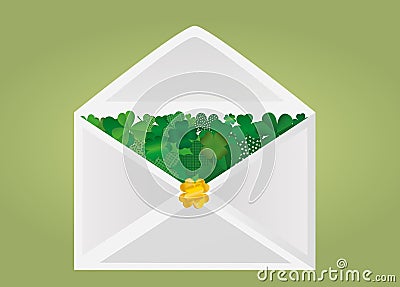 Envelope with green clover inside. St.Patrick `s Day. Vector Cartoon Illustration
