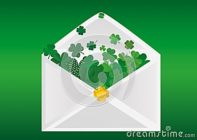 Envelope with green clover inside. St.Patrick `s Day. Vector Cartoon Illustration