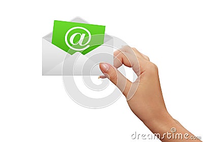 Envelope and green e-mail in the hand Stock Photo