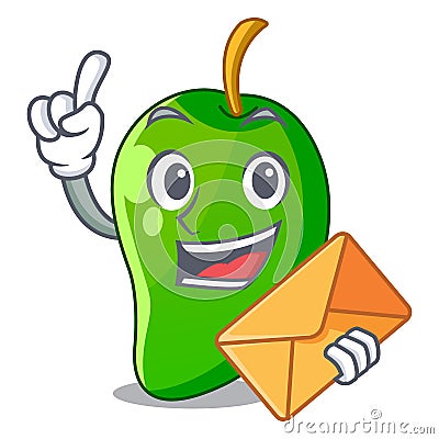 With envelope green mango slices in the character Vector Illustration