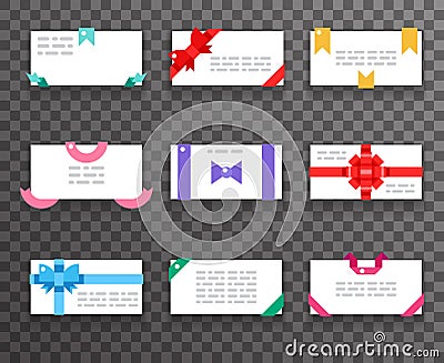 Envelope greeting cards with bows for mobile web apps red gift ribbons icons set flat design vector illustration Vector Illustration