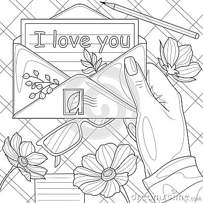 Envelope in hand.Coloring page antistress for adults. Vector Illustration