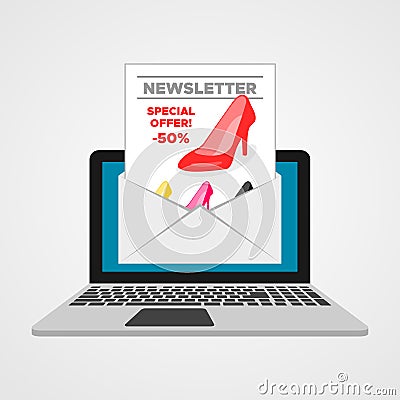 Envelope on laptop screen. E-mail marketing. Direct marketing Vector Illustration