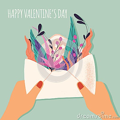 Envelope with love letter. Colorful hand drawn illustration with hand lettering for Happy Valentineâ€™s day. Greeting card Vector Illustration