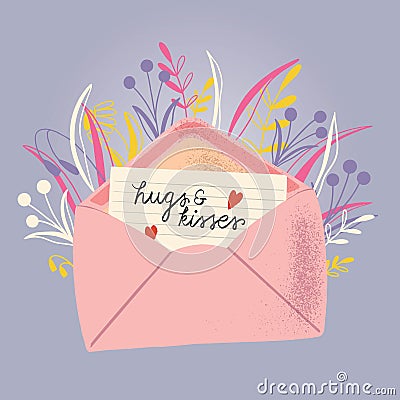 Envelope with love letter. Colorful hand drawn illustration with hand lettering for Happy Valentineâ€™s day. Greeting card Vector Illustration