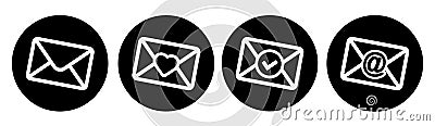 Envelope round buttons. Heart, mail, newsletter and check icon. Vector illustration Cartoon Illustration