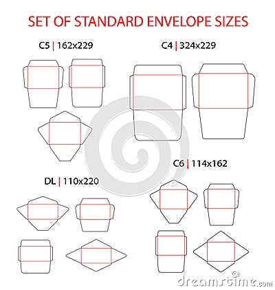 Envelope set standard types vector die cut template: DL, C6, C5, C4. Vector Illustration