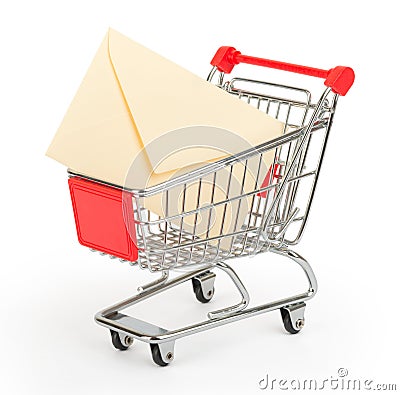 Envelope in shopping cart on white Stock Photo