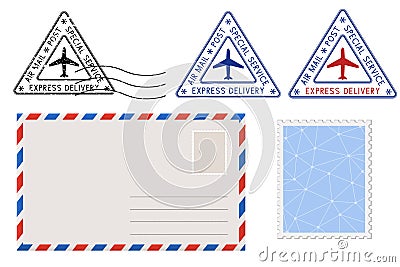 Envelope, stamp and triangle postmarks. Postal set Vector Illustration