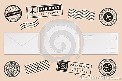 Envelope template with stamp label. Mail letter and post stamps, open mail envelope with blank paper letter sheet, mail Vector Illustration