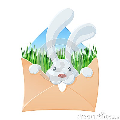 Envelope with white rabbit and green grass inside. Cute cartoon character. Easter and other holidays concept Vector Illustration