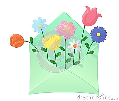 Envelope with wild flowers inside. Lovely cute flower bouquet. Spring and summer holidays concept Vector Illustration