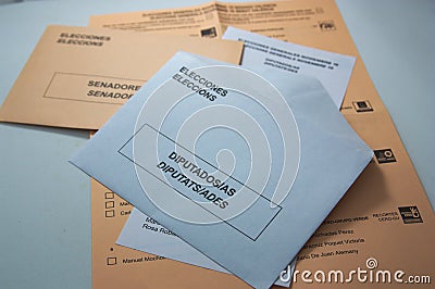 Envelopes and ballots for the elections to the General Courts of Spain Editorial Stock Photo