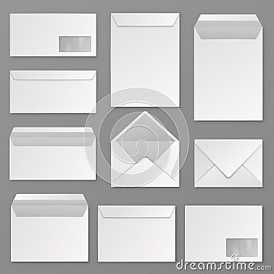 Envelopes. Blank corporate closed and open envelope for a4 letter sheet. Paper postal packages, mail vector isolated Vector Illustration