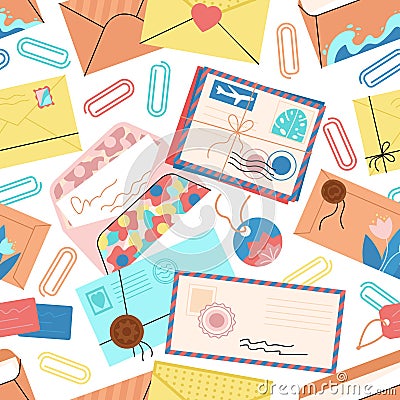 Envelopes seamless pattern. Opened and closed envelope with paper and letters. Post and postcrossing, mail decorative Vector Illustration