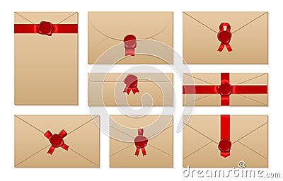 Envelopes tied with red ribbon and sealed realistic set. Kraft paper letters horizontal vertical Cartoon Illustration