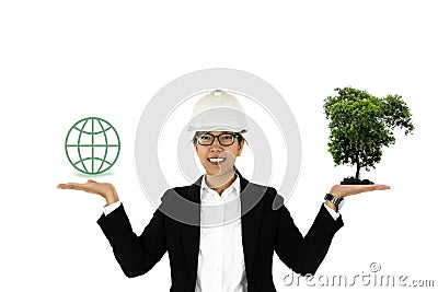 Enviroment concept woman construction hand holding tree and globe icon isolated. Stock Photo