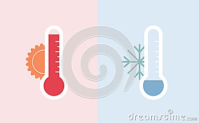 Enviroment issue and extreme weather concept. Vector flat icon illustration. Heat and cold wave color thermometer symbol isolated Cartoon Illustration