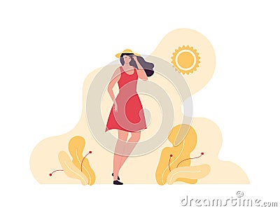 Enviroment issue and extreme weather concept. Vector flat people illustration. Heat wave sun symbol and female character in dress Cartoon Illustration