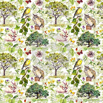 Environment: bird, rabbit, tree, leaves, flowers and grass. Repeating pattern. Watercolor Stock Photo