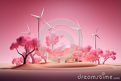 Nature energy wind eco clean power ecological background renewable environment background green windmill plant Cartoon Illustration