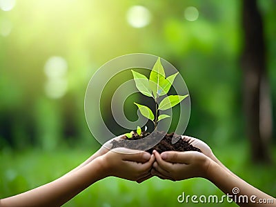 Environment Earth Day In the hands of trees growing seedlings. Female hand holding tree. Stock Photo