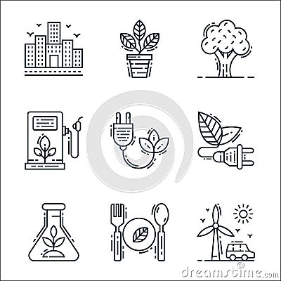 Environment and eco line icons. linear set. quality vector line set such as wind energy, eco food, herbalism, energy, eco energy, Vector Illustration