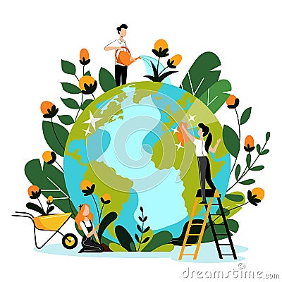 Environment, ecology, nature protection concept. People take care of Earth planet. Vector flat cartoon illustration Vector Illustration