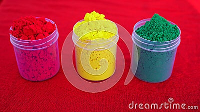 Environment Friendly Herbal color Dye for Holi or Dhulandi festival. Color can for selling and playing Holi festival Stock Photo