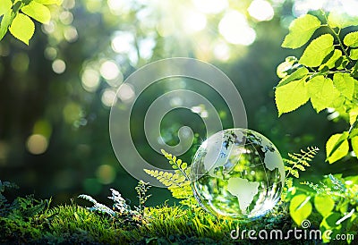 Environment. Glass Globe On Grass Moss In Forest Stock Photo