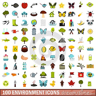 100 environment icons set, flat style Vector Illustration