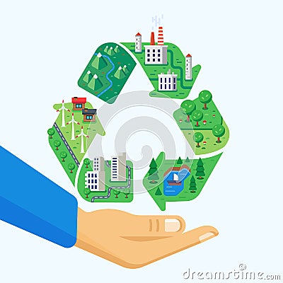 Environment protection. Clean city, landscapes, wasteless production, factories, windmills. Vector Illustration