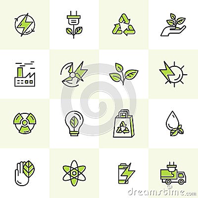 Environment, renewable energy, sustainable technology, recycling, ecology solutions. Icons for website, mobile app design, electri Vector Illustration