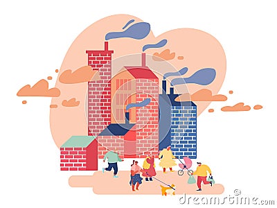 Environment Toxic Gas Pollution, Industry Factory Smog Danger Concept. People Characters in Protective Face Masks Vector Illustration