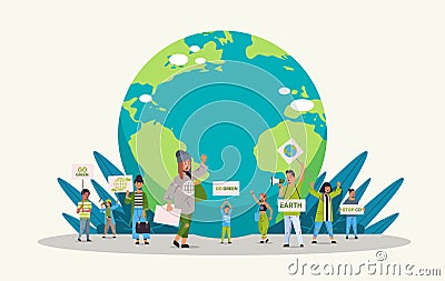 Environmental activists holding posters go green save planet concept mix race protesters campaigning to protect earth Vector Illustration