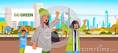 environmental activists holding posters go green save planet strike concept protesters campaigning to protect earth Vector Illustration