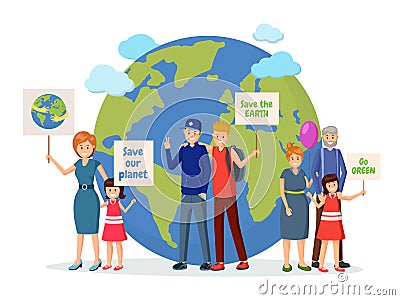 Environmental activists with posters flat illustration Vector Illustration