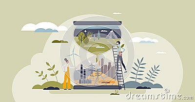 Environmental change as hourglass with urbanization scene tiny person concept Vector Illustration