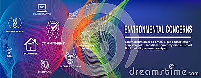 Environmental concerns icons web header banner with green energy, eco house, and earth initiatives Vector Illustration