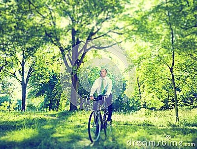 Environmental Conservative Businessman Bicycle Woods Concept Stock Photo