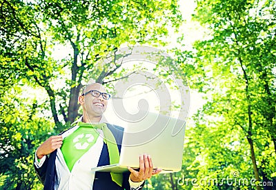 Environmental Conservative Businessman Working Laptop Woods Concept Stock Photo