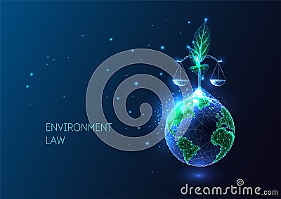 Environmental law concept with planet Earth, plant seedling and scales in futuristic style on blue Vector Illustration