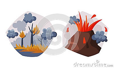 Environmental Pollution Cause and Source with Wildfire and Volcanic Eruption Vector Set Vector Illustration