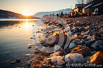 Environmental pollution. garbage dumped by storm along the seashore, affecting beaches Stock Photo