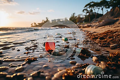 Environmental pollution. garbage washed ashore by the storm littering the seashore beach Stock Photo