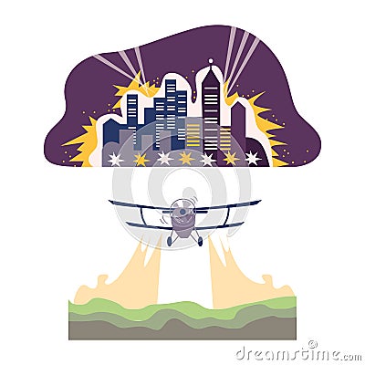Environmental Pollution and Global Warming Cause with Plane and City Light Vector Set Vector Illustration