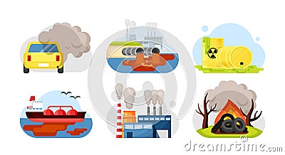 Environmental pollution set. Car exhaust industrial wastewater radioactive toxic waste spilled oil factory combustion Vector Illustration