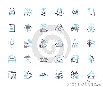 Environmental progressions linear icons set. Sustainability, Renewable, Eco-friendly, Conservation, Biodiversity Vector Illustration