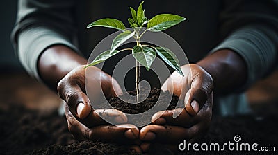 Environmental sustainability concept, hands nurturing growth with small plant in fertile soil Stock Photo