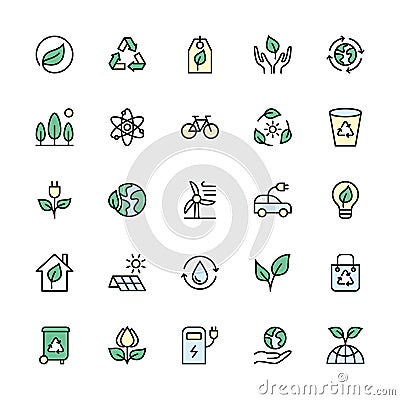 Environmental sustainability and energy sources in minimal style. Color symbols of eco. Simple set of vector linear Vector Illustration
